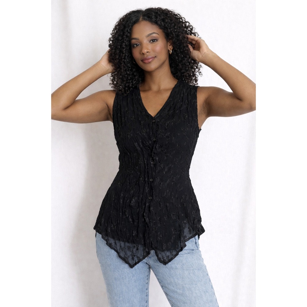 Awesome- Chic Black Lace Floral Women's Wrap Button Up Blouse‎ Size L